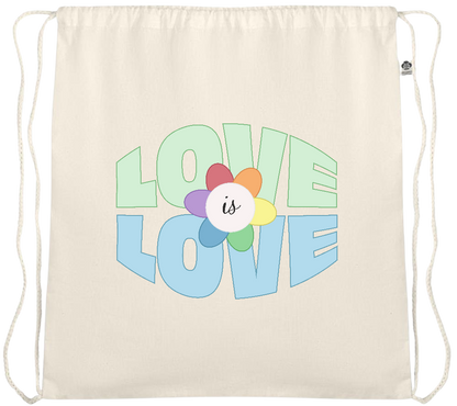 Love is Love Flower Design - Essential medium organic cotton drawstring bag_BEIGE_front