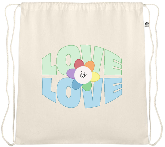 Love is Love Flower Design - Essential medium organic cotton drawstring bag_BEIGE_front