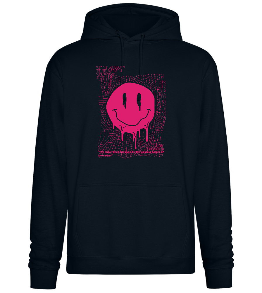 Glitched Pink Smiley Design - Premium Essential Unisex Hoodie_BLACK_front