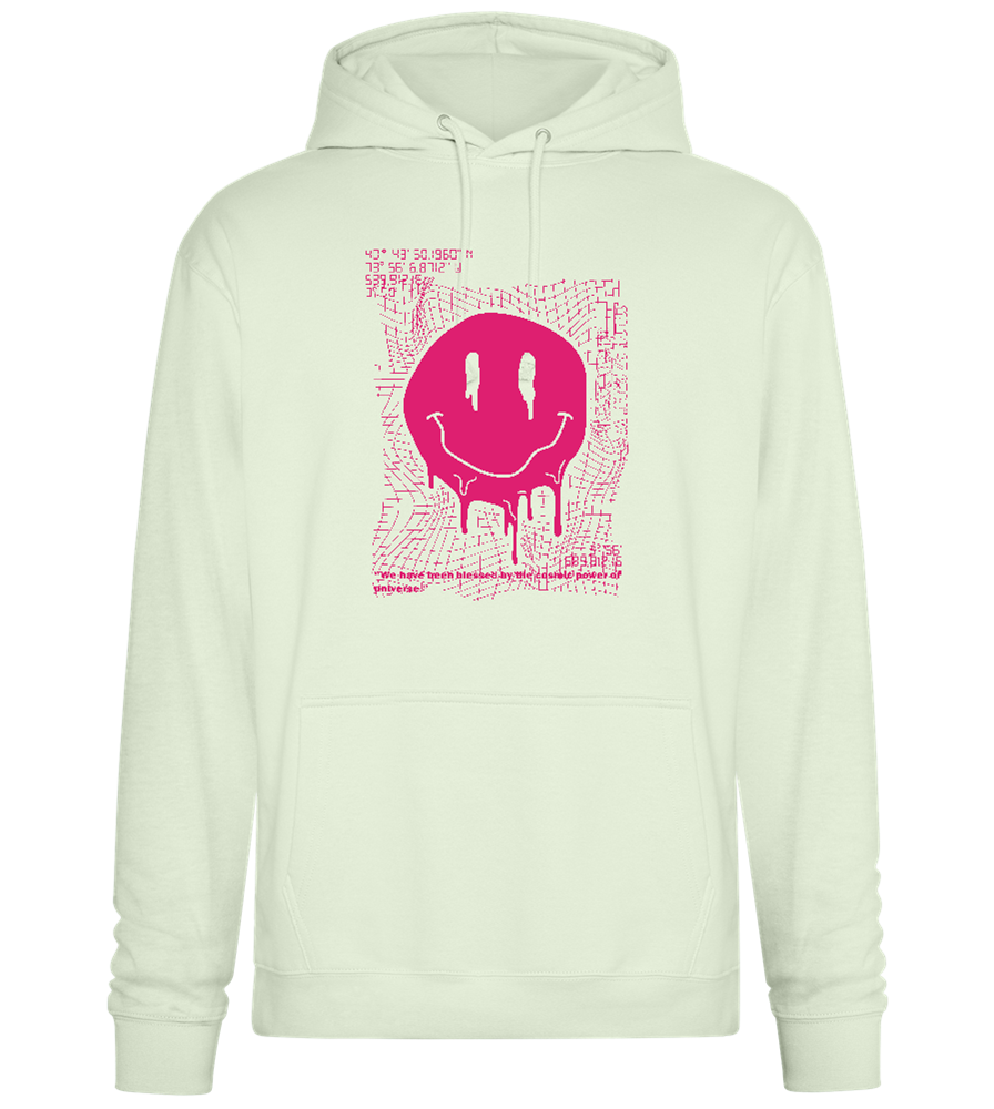 Glitched Pink Smiley Design - Premium Essential Unisex Hoodie_CREAMY GREEN_front