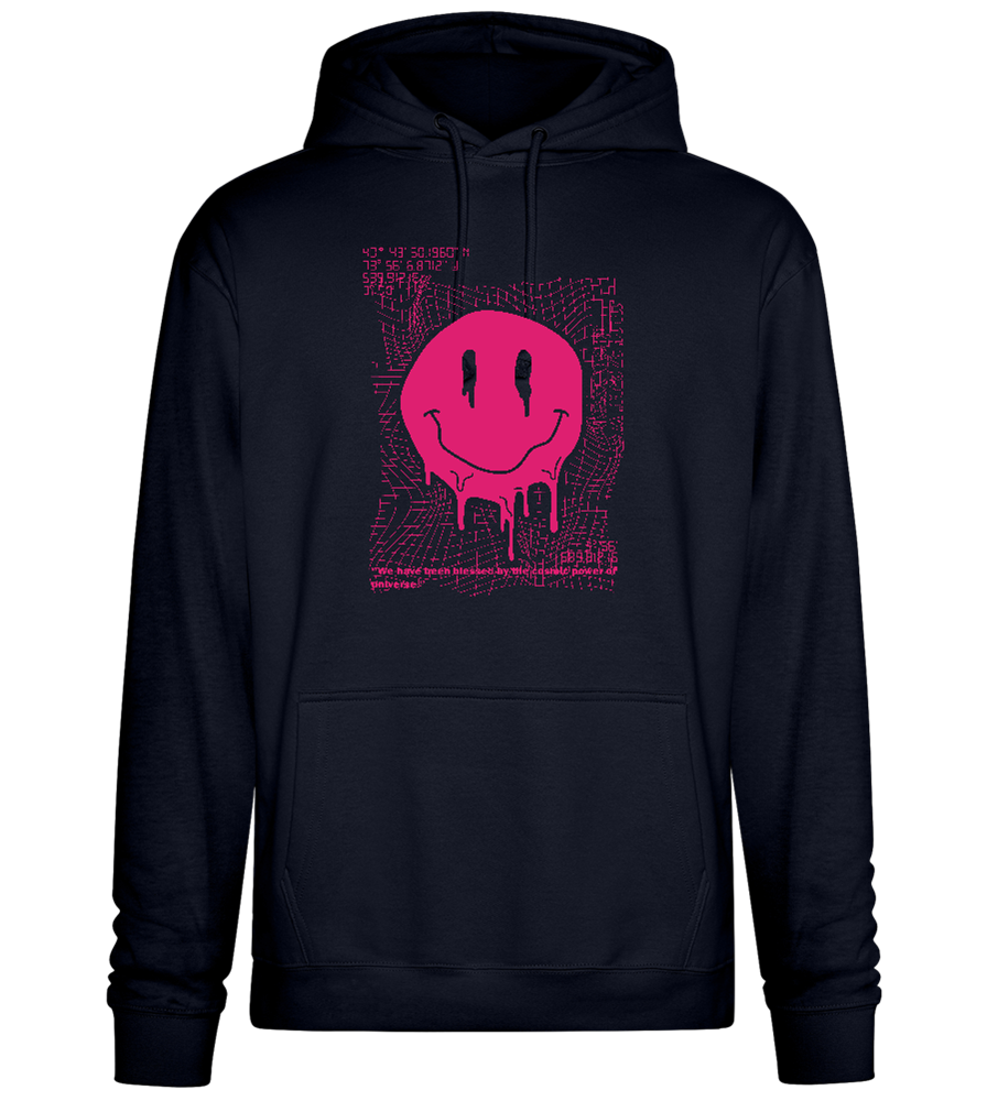 Glitched Pink Smiley Design - Premium Essential Unisex Hoodie_FRENCH NAVY_front