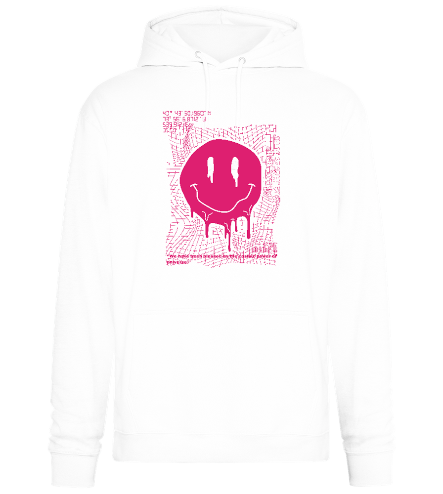 Glitched Pink Smiley Design - Premium Essential Unisex Hoodie_WHITE_front