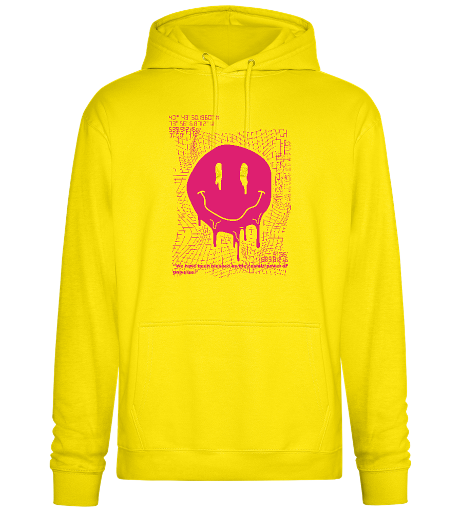 Glitched Pink Smiley Design - Premium Essential Unisex Hoodie_YELLOW_front