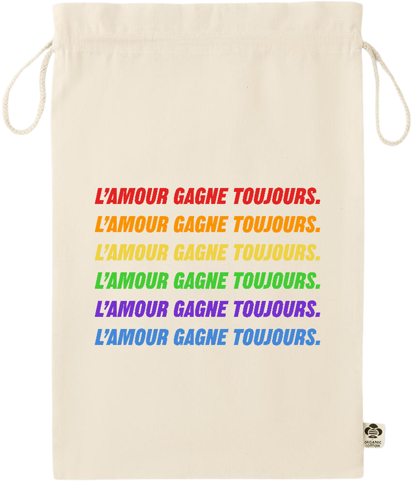 L'amour Gagne Toujours Design - Essential large organic drawcord gift bag_BEIGE_front