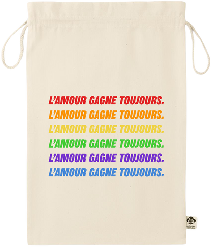 L'amour Gagne Toujours Design - Essential large organic drawcord gift bag_BEIGE_front