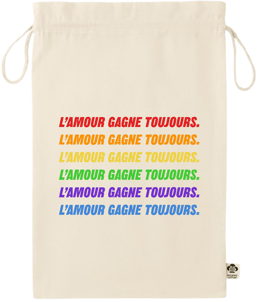 L'amour Gagne Toujours Design - Essential large organic drawcord gift bag_BEIGE_front