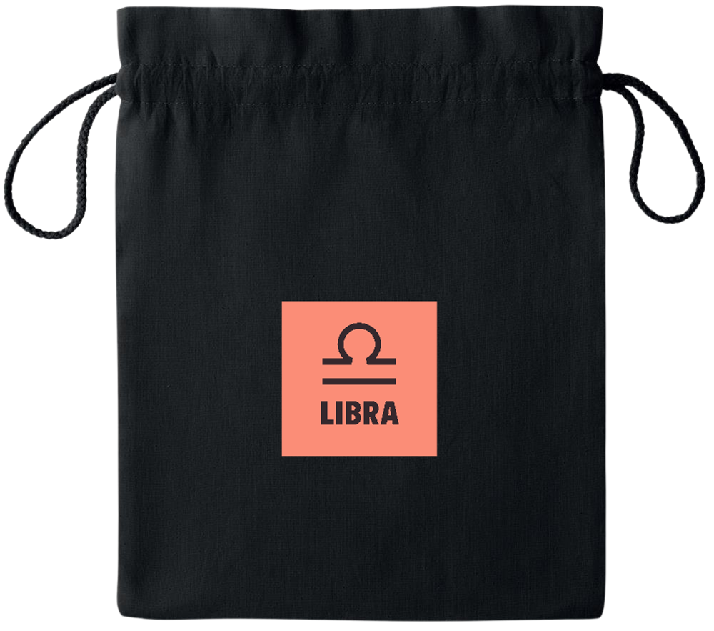 Zodiac Libra Design - Essential medium colored cotton drawstring bag_BLACK_front