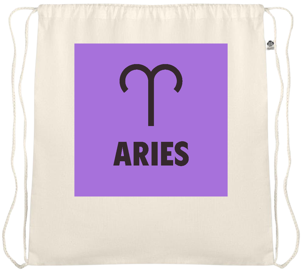 Zodiac Aries Design - Essential medium organic cotton drawstring bag_BEIGE_front