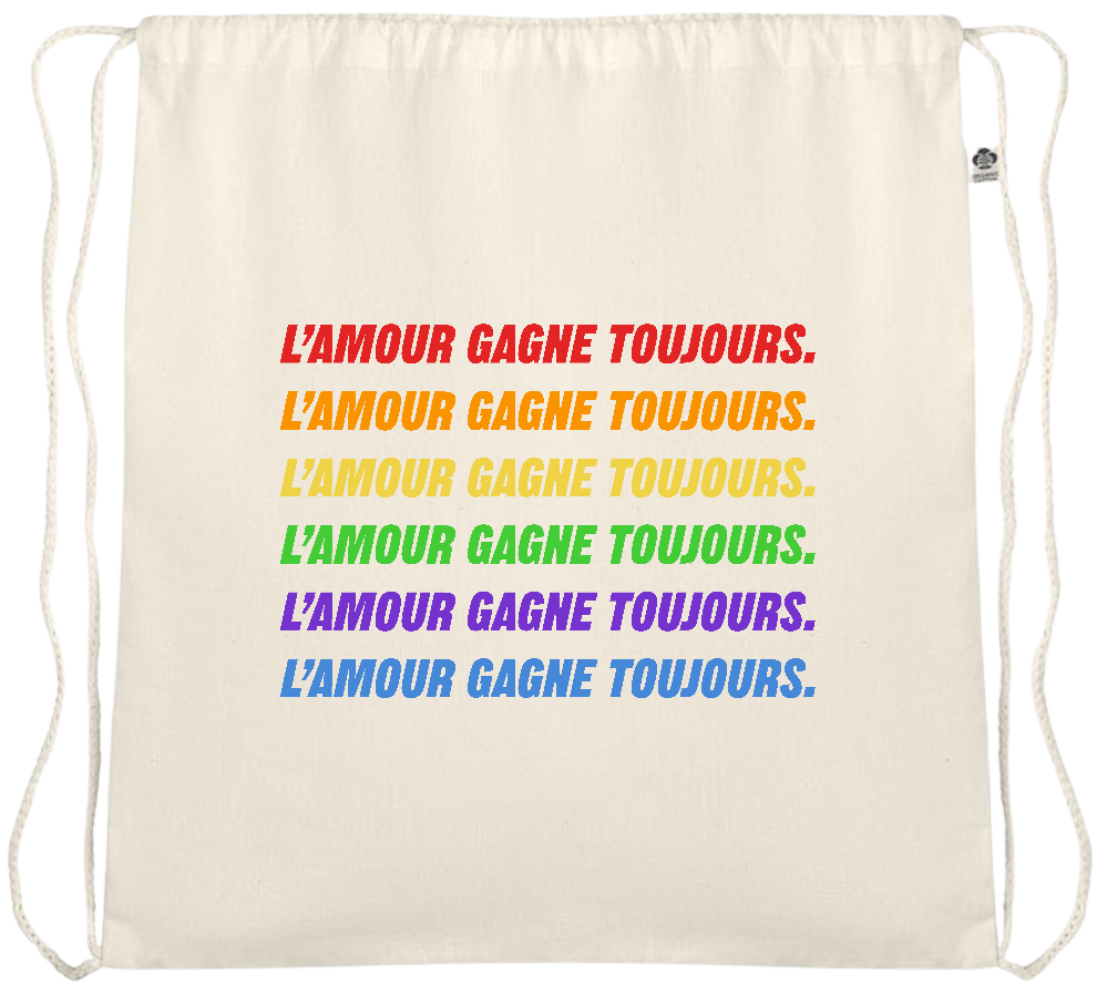 L'amour Gagne Toujours Design - Essential medium organic cotton drawstring bag_BEIGE_front