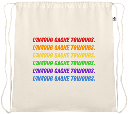 L'amour Gagne Toujours Design - Essential medium organic cotton drawstring bag_BEIGE_front