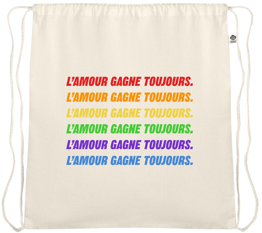 L'amour Gagne Toujours Design - Essential medium organic cotton drawstring bag_BEIGE_front