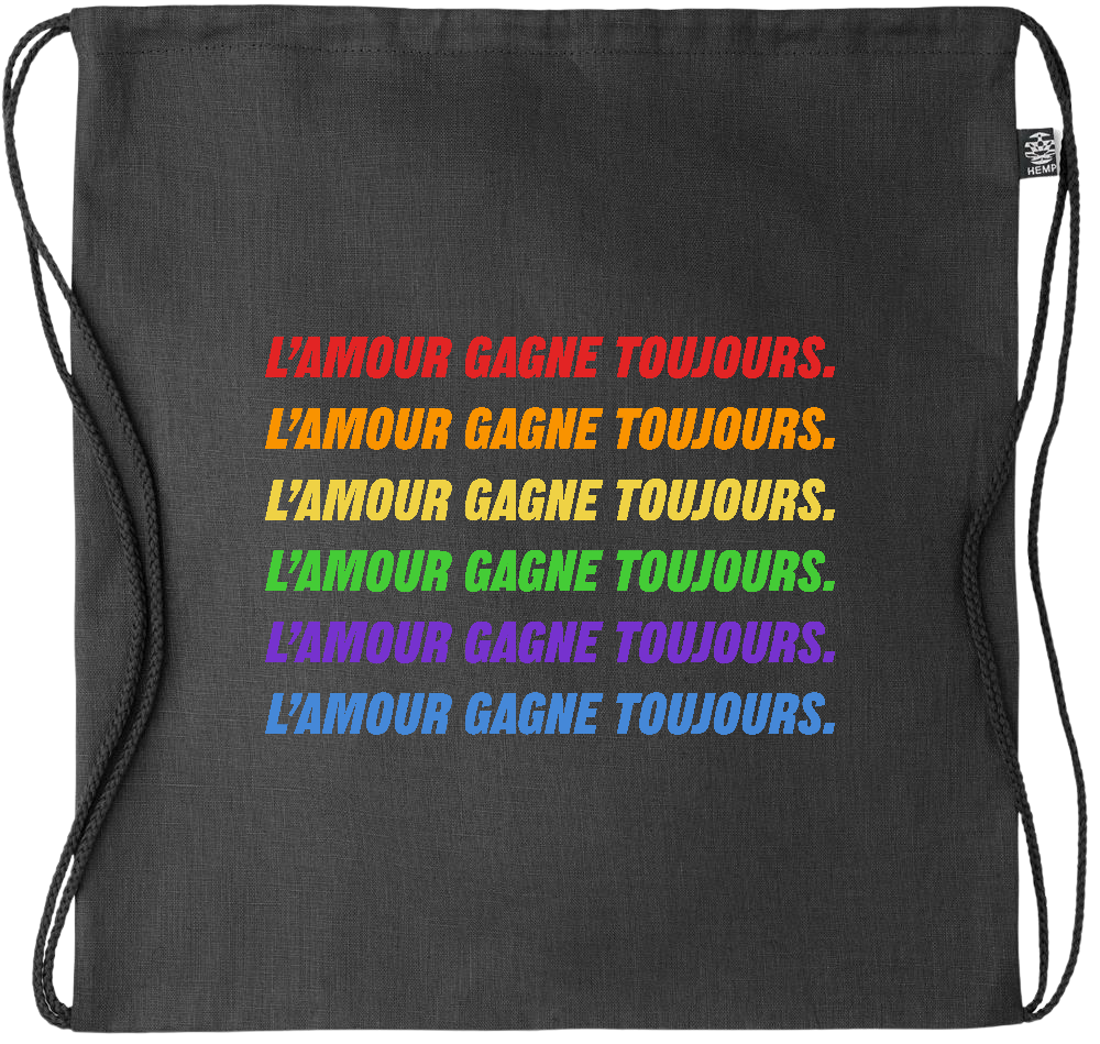 L'amour Gagne Toujours Design - Premium hemp drawstring bag_BLACK_front