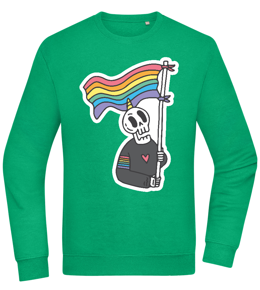 Rainbow Flag Skull Design - Comfort Essential Unisex Sweater_MEADOW GREEN_front