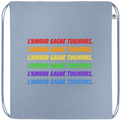 L'amour Gagne Toujours Design - Premium colored organic cotton drawstring bag_BABY BLUE_front