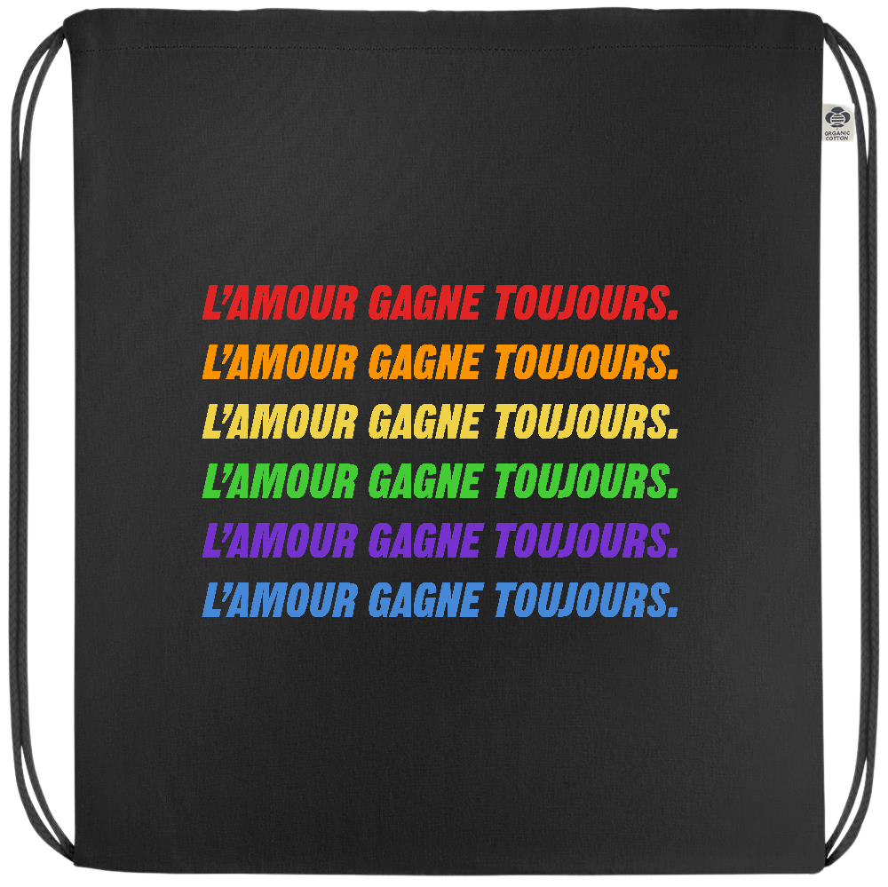 L'amour Gagne Toujours Design - Premium colored organic cotton drawstring bag_BLACK_front