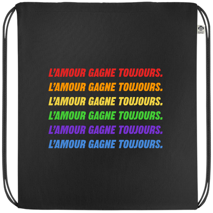 L'amour Gagne Toujours Design - Premium colored organic cotton drawstring bag_BLACK_front