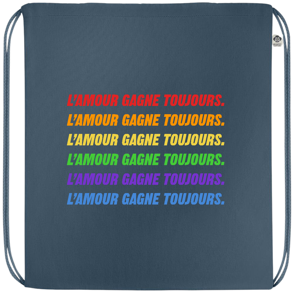 L'amour Gagne Toujours Design - Premium colored organic cotton drawstring bag_BLUE_front