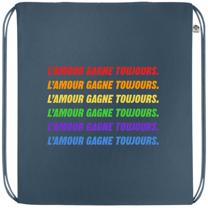 L'amour Gagne Toujours Design - Premium colored organic cotton drawstring bag_BLUE_front