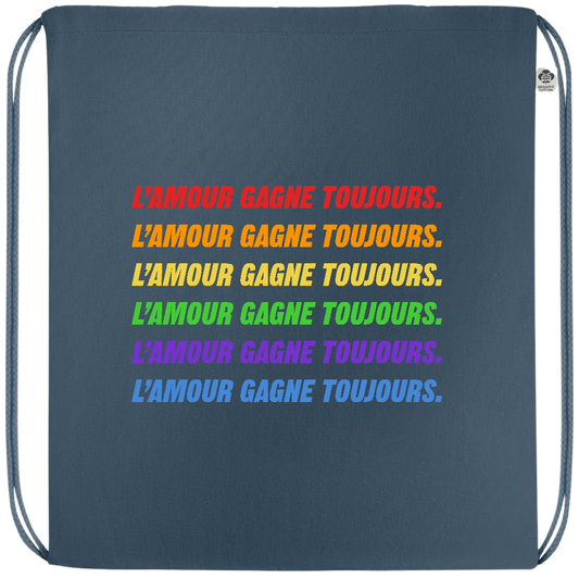 L'amour Gagne Toujours Design - Premium colored organic cotton drawstring bag_BLUE_front