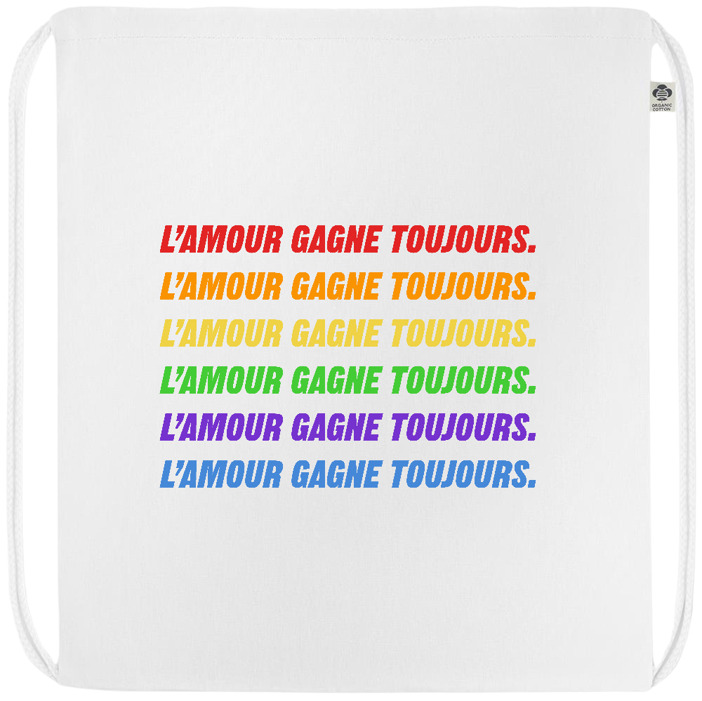 L'amour Gagne Toujours Design - Premium colored organic cotton drawstring bag_WHITE_front