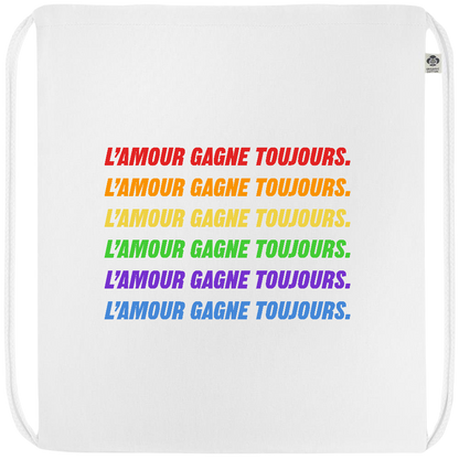 L'amour Gagne Toujours Design - Premium colored organic cotton drawstring bag_WHITE_front