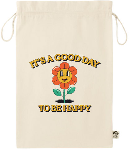 Its a Good Day to be Happy Design - Essential large organic drawcord gift bag_BEIGE_front