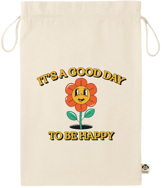 Its a Good Day to be Happy Design - Essential large organic drawcord gift bag_BEIGE_front