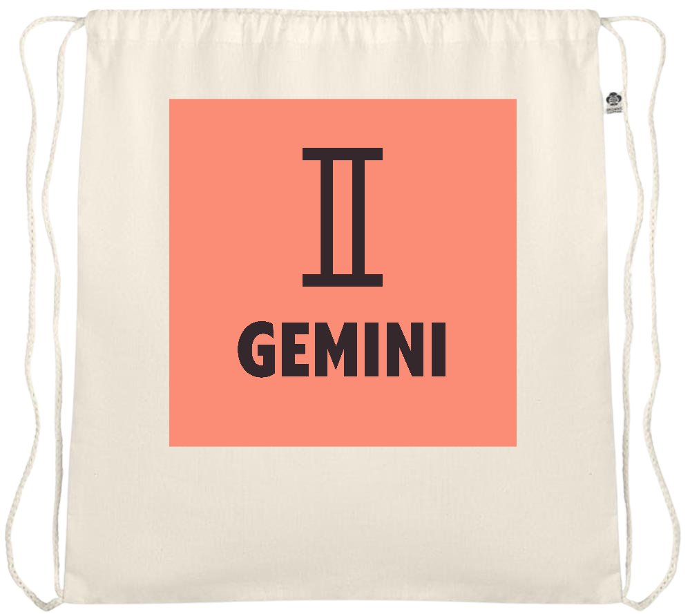 Zodiac Gemini Design - Essential medium organic cotton drawstring bag_BEIGE_front