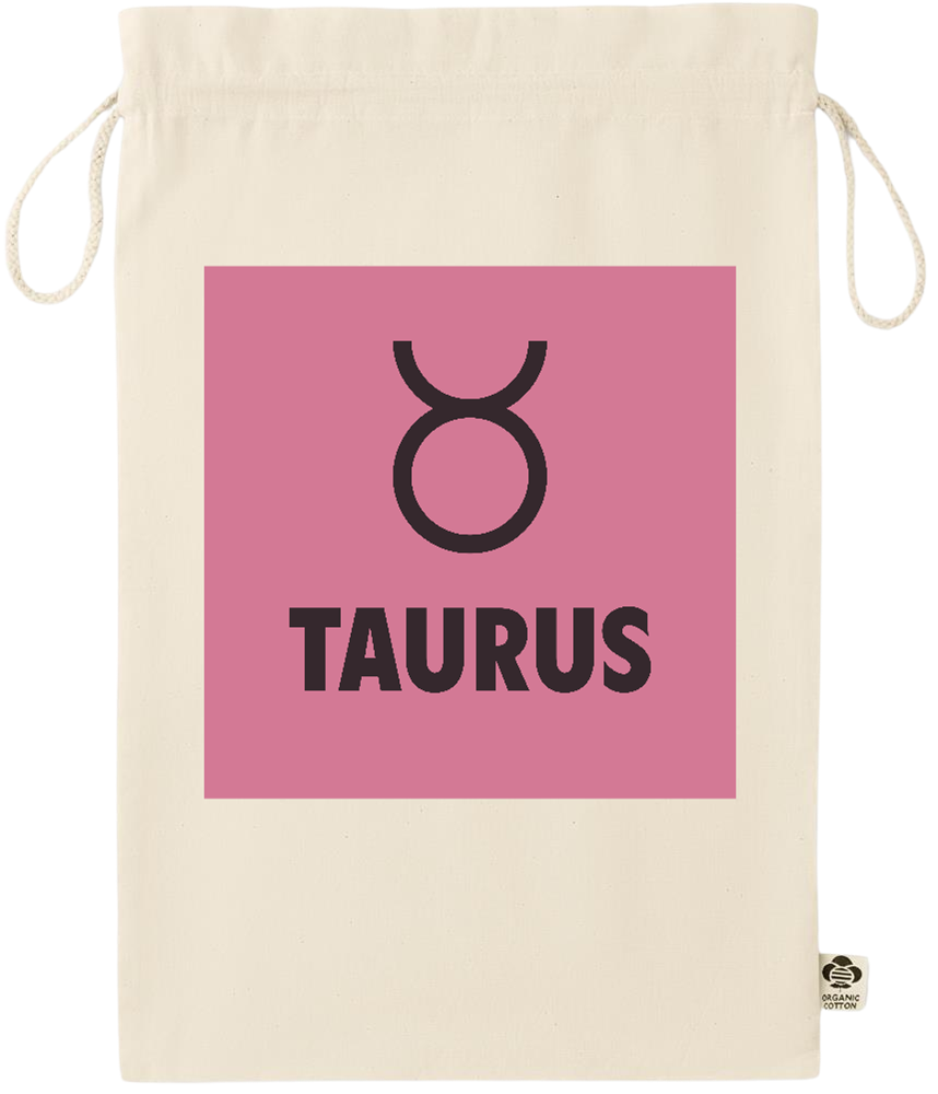 Zodiac Taurus Design - Essential large organic drawcord gift bag_BEIGE_front