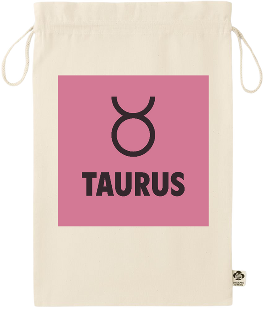 Zodiac Taurus Design - Essential large organic drawcord gift bag_BEIGE_front