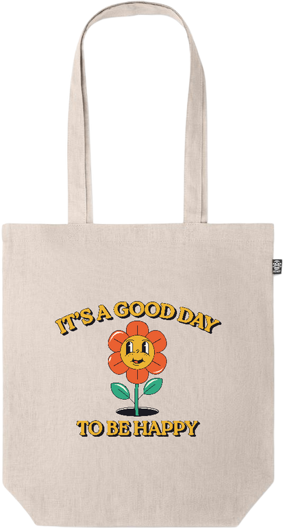 Its a Good Day to be Happy Design - Premium colored organic hemp tote bag_BEIGE_front