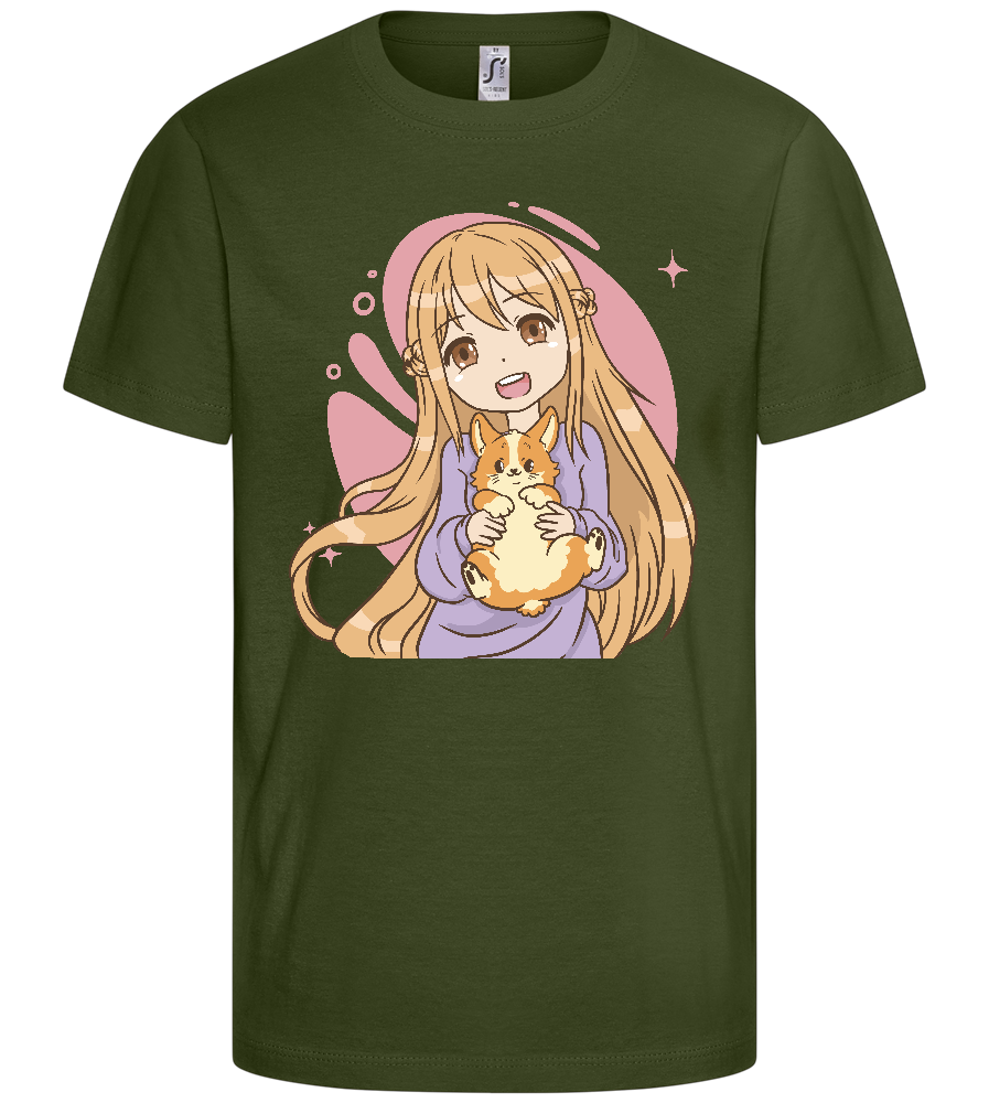 Happy Girl with Corgi Design - Basic kids t-shirt_ARMY_front