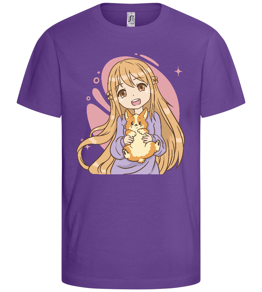 Happy Girl with Corgi Design - Basic kids t-shirt_DARK PURPLE_front