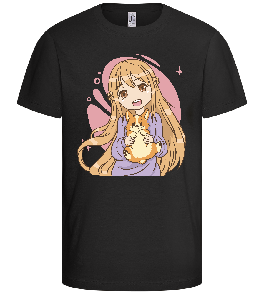 Happy Girl with Corgi Design - Basic kids t-shirt_DEEP BLACK_front