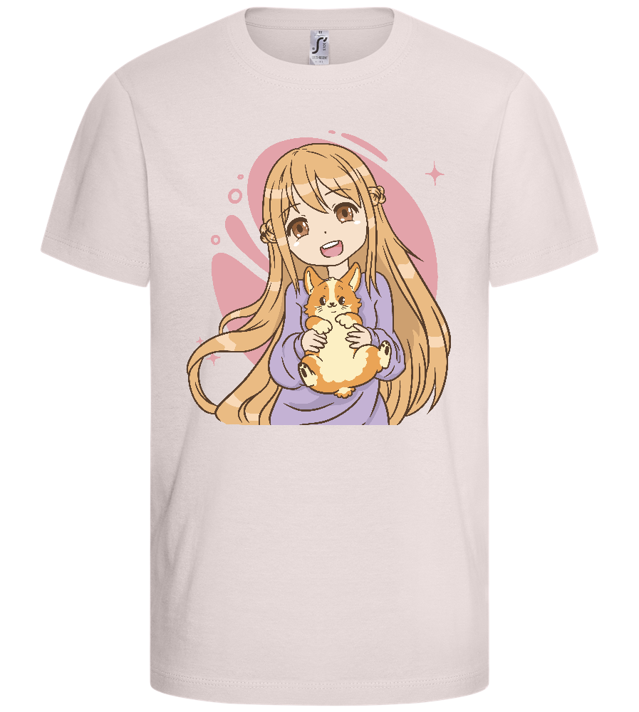 Happy Girl with Corgi Design - Basic kids t-shirt_LIGHT PINK_front