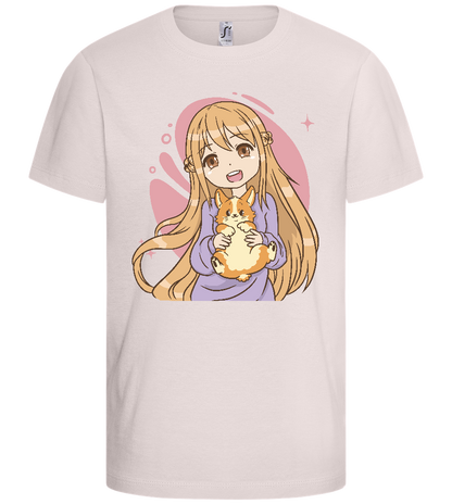 Happy Girl with Corgi Design - Basic kids t-shirt_LIGHT PINK_front