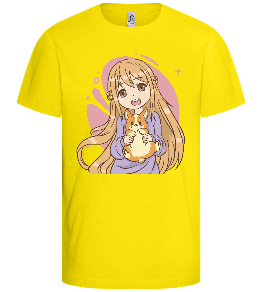 Happy Girl with Corgi Design - Basic kids t-shirt_YELLOW_front