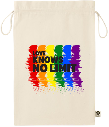 Love Knows No Limits Design - Essential large organic drawcord gift bag_BEIGE_front