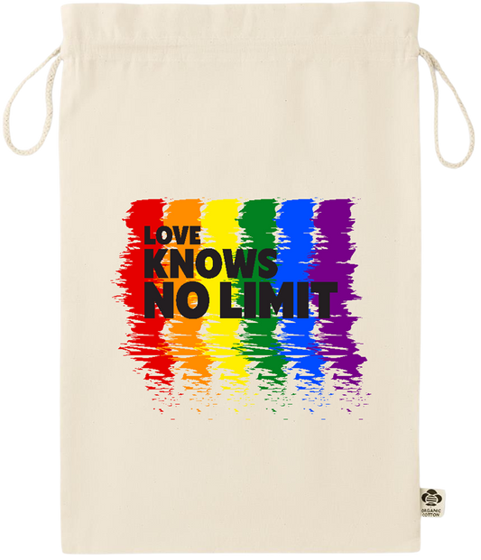 Love Knows No Limits Design - Essential large organic drawcord gift bag_BEIGE_front