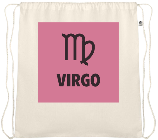 Zodiac Virgo Design - Essential medium organic cotton drawstring bag_BEIGE_front