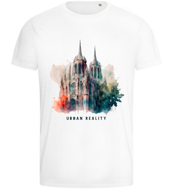 Watercolor Cathedral Design - Basic men's fitted t-shirt_WHITE_front