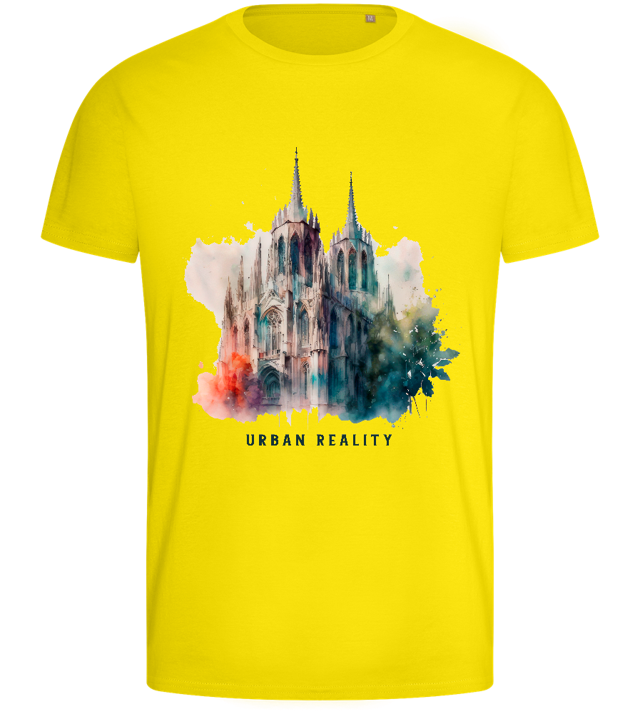 Watercolor Cathedral Design - Basic men's fitted t-shirt_YELLOW_front