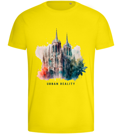 Watercolor Cathedral Design - Basic men's fitted t-shirt_YELLOW_front