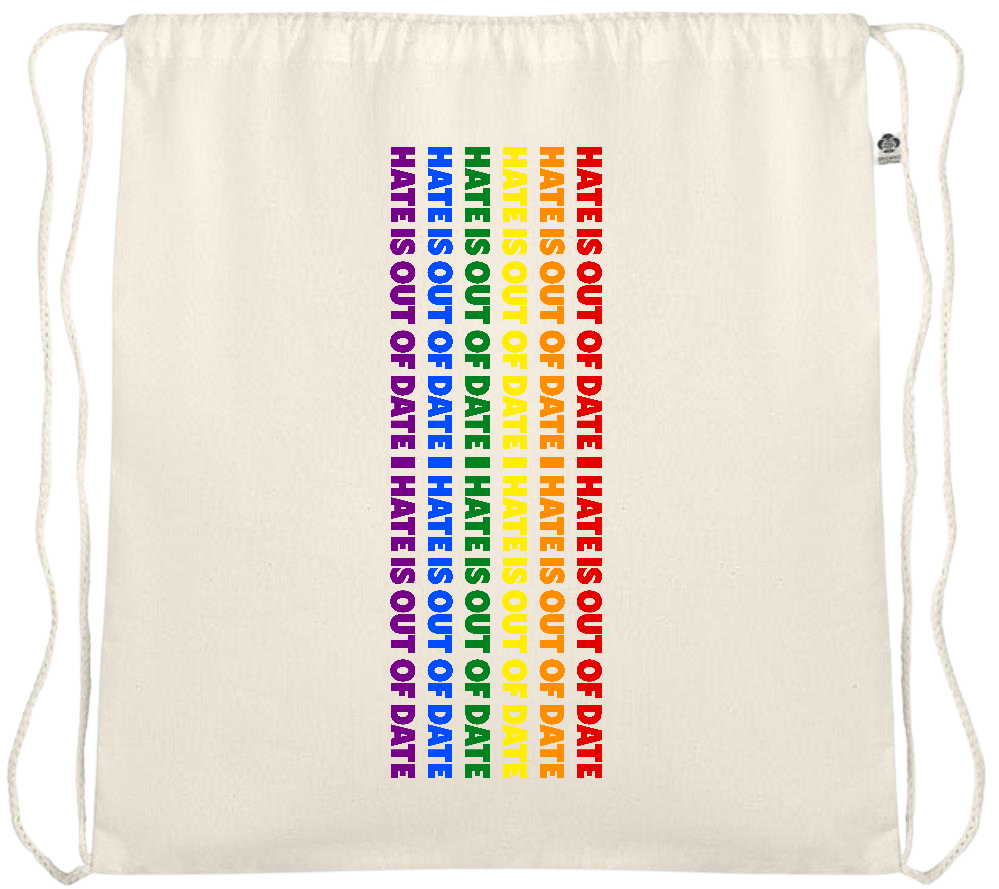 Hate is Out of Date Design - Essential medium organic cotton drawstring bag_BEIGE_front