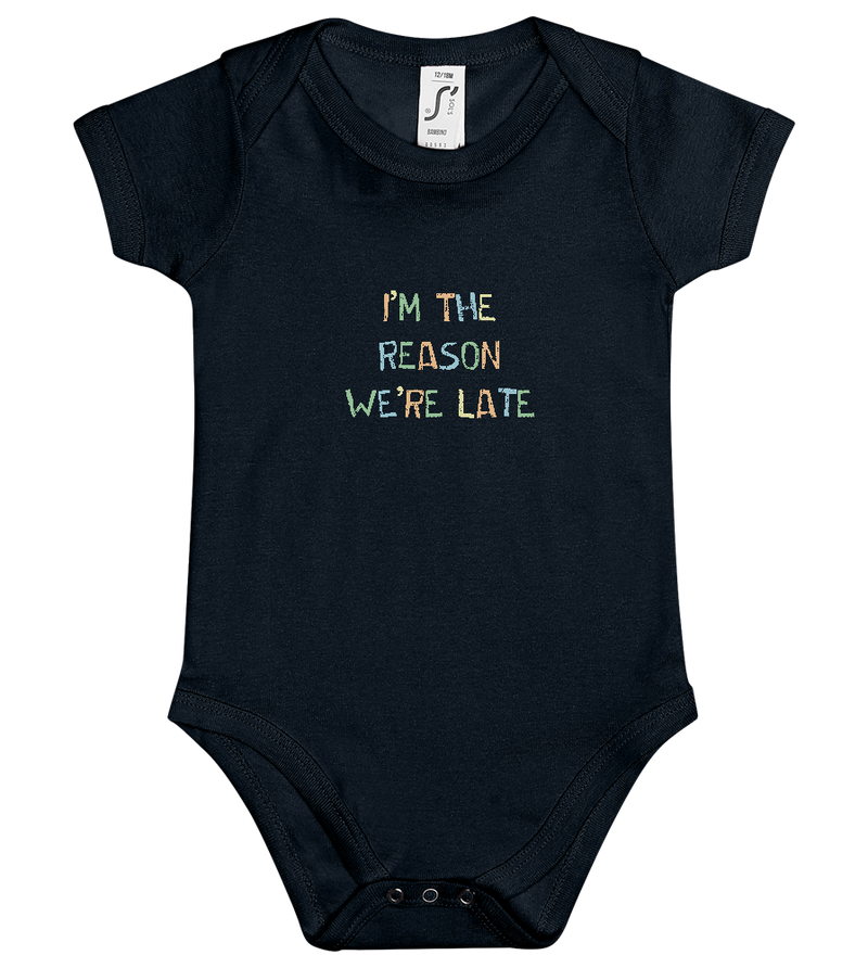 The Reason We're Late Design - Baby bodysuit_BLACK_front