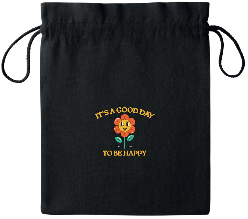 Its a Good Day to be Happy Design - Essential medium colored cotton drawstring bag_BLACK_front