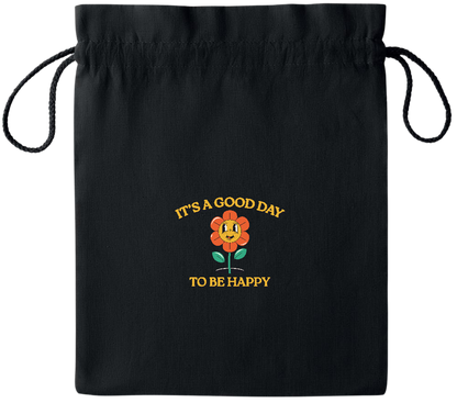 Its a Good Day to be Happy Design - Essential medium colored cotton drawstring bag_BLACK_front