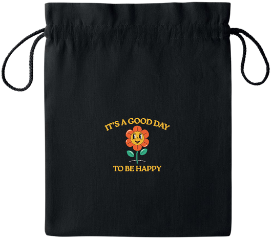 Its a Good Day to be Happy Design - Essential medium colored cotton drawstring bag_BLACK_front