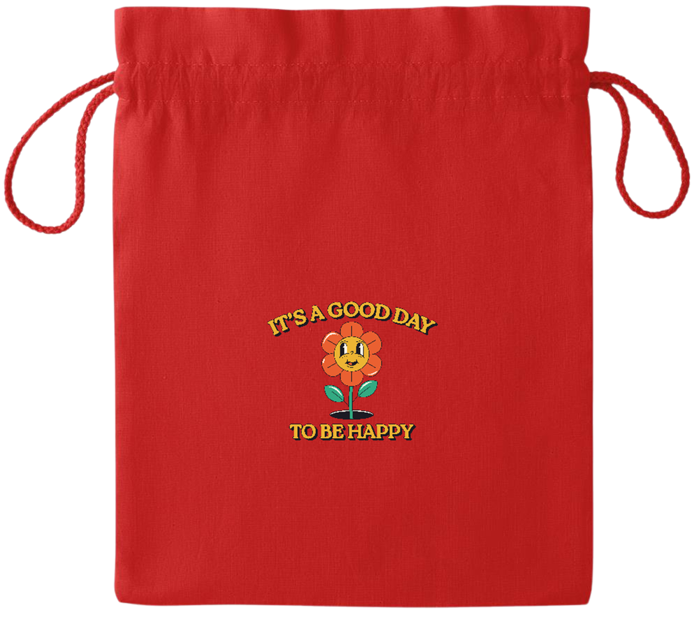 Its a Good Day to be Happy Design - Essential medium colored cotton drawstring bag_RED_front