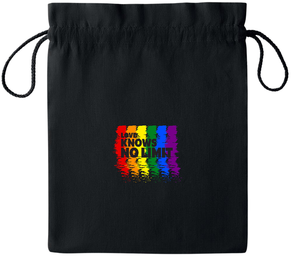 Love Knows No Limits Design - Essential medium colored cotton drawstring bag_BLACK_front